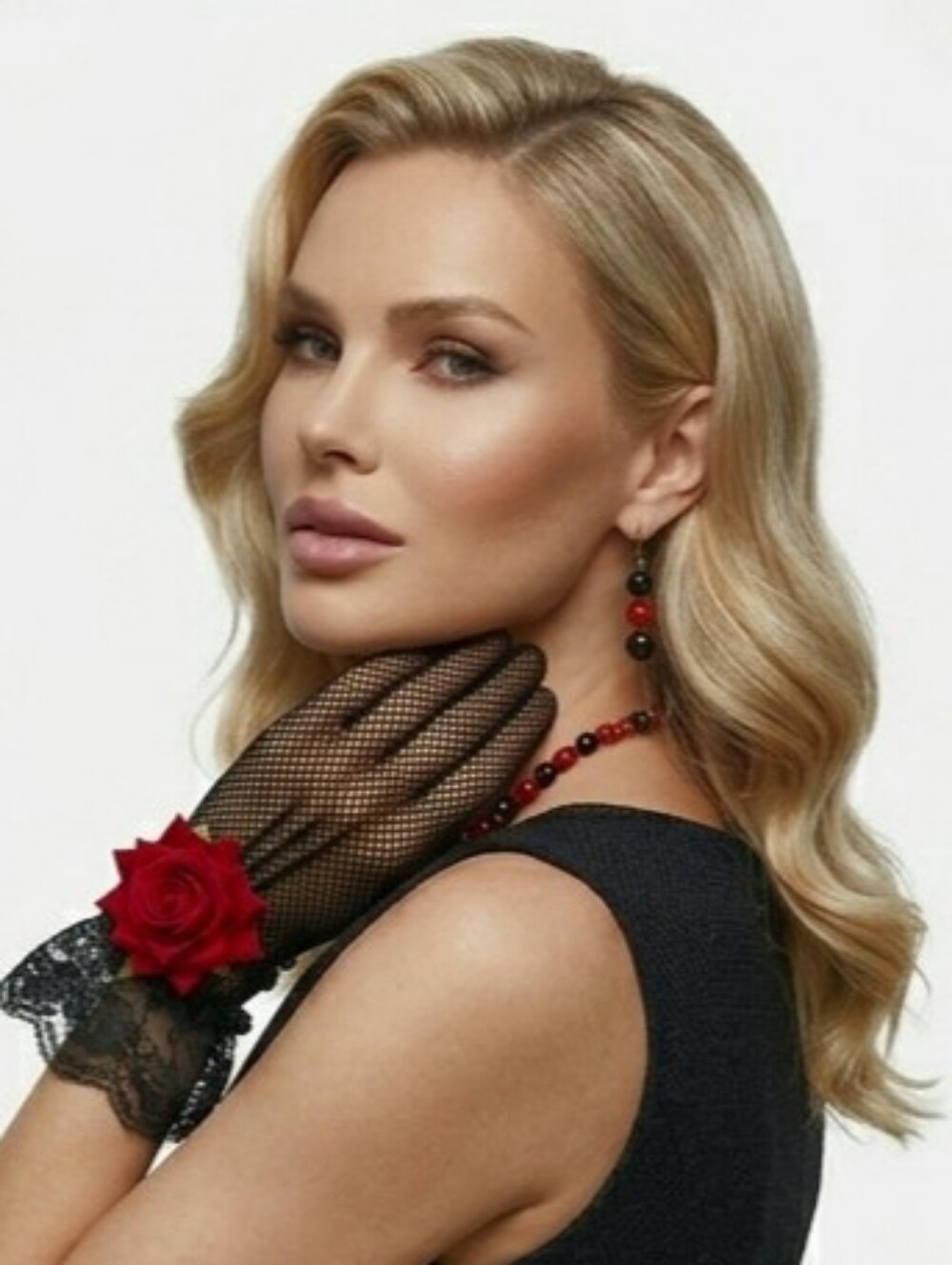 Beloved Millinery Elegant Black Fishnet Lace Gloves with Red Rose Accent